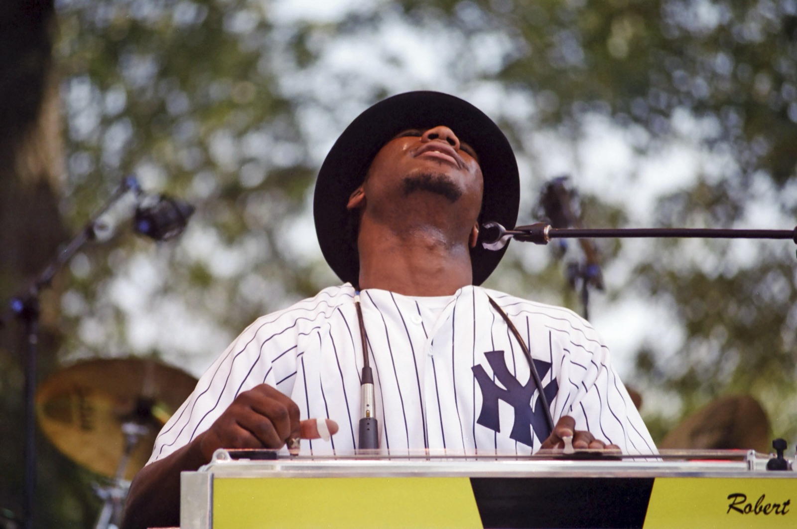 A pedal steel player in a pinstriped baseball jersey and black hat tips his head back with eyes closed as he plays on an outdoor stage.